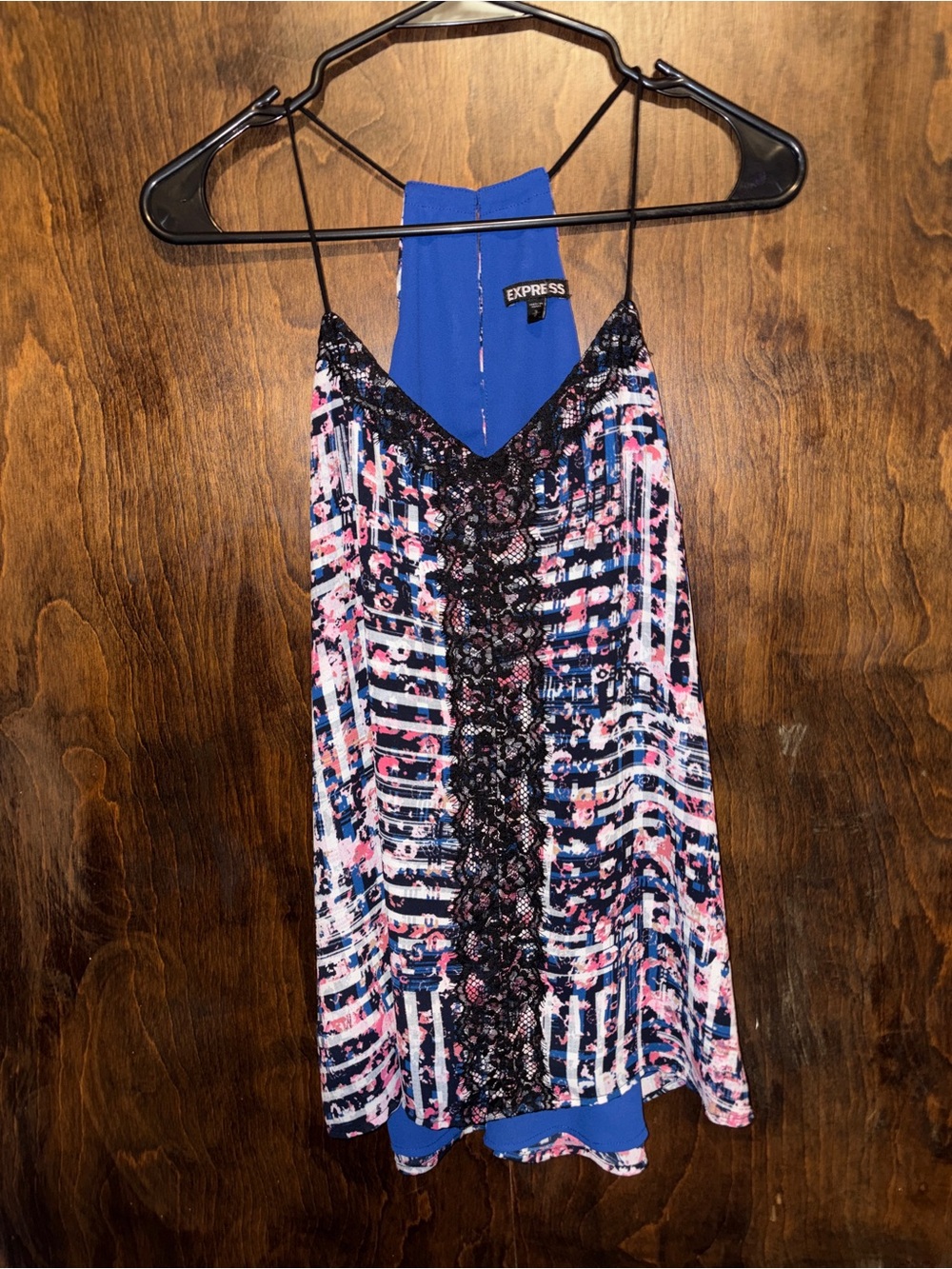 Express Blue Multi-Print Lace-Trim tank top